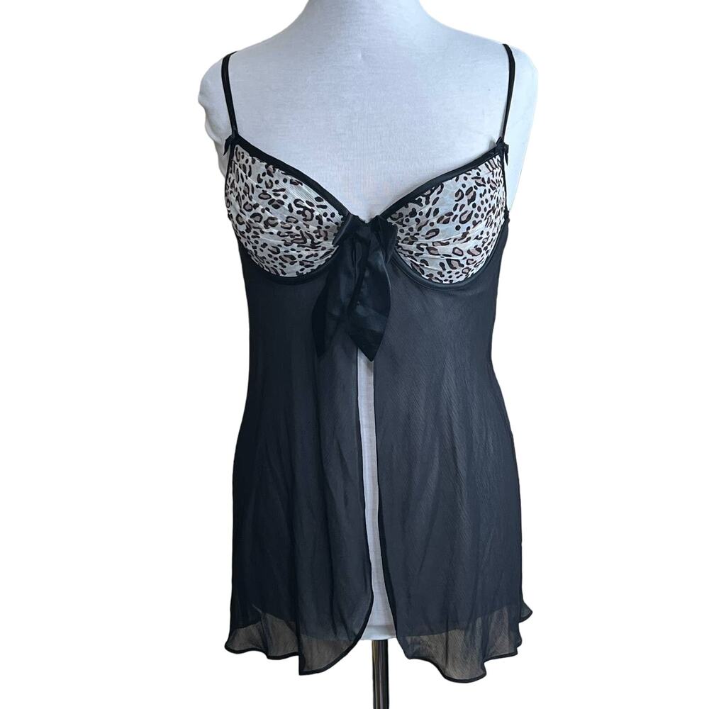 Cabernet Black and Leopard Print Sheer Babydoll‎ Teddy Women's L
